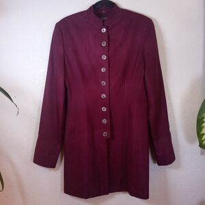 J Peterman Burgundy Silk Button Down Nehru Collar Vintage 80s Classic Jacket
